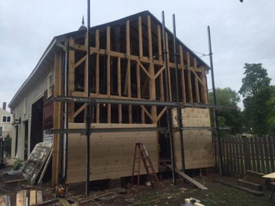Exposed wooden beams on house being renovated